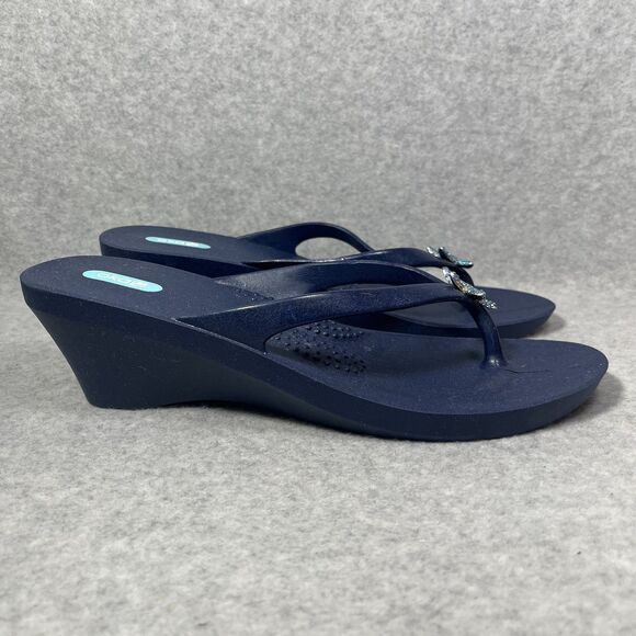 Oka-B Joy‎ Wedge Sandals Womens Large Navy Blue Starfish Sparkle Thong Flip Flop - Picture 2 of 15